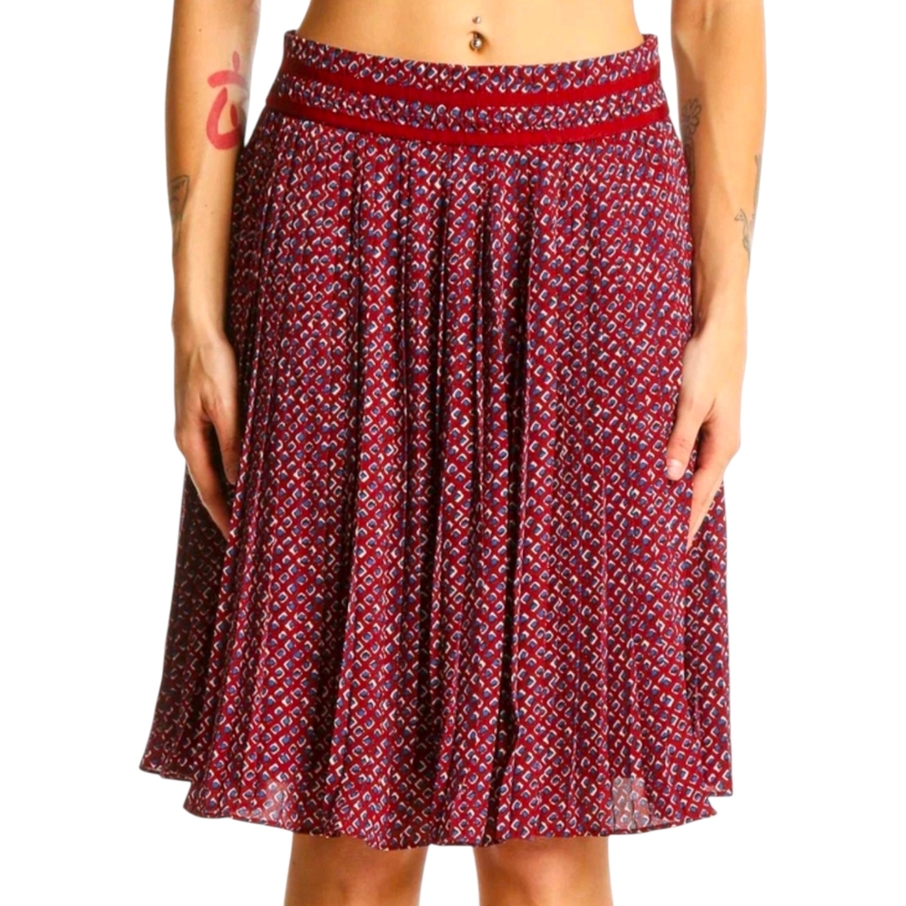 Banana Republic Pleated Skirt | Size 8 | Burgundy Geometric Lined Knee Length